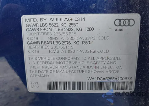 2014 Audi Q5 3.0T Premium Plus из США, поврежденный, VIN WA1DGAFP8EA100978